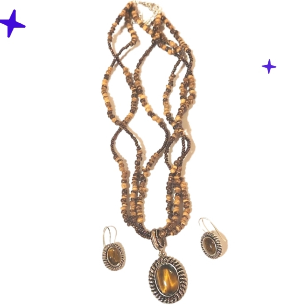New Avon tiger Eye brown bead earrings and necklace set